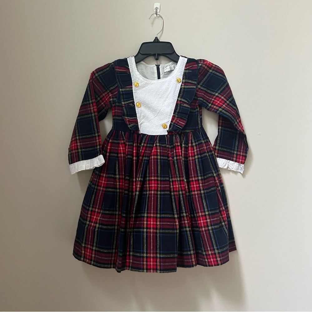 Trish Scully Girls Lola Red Tartan Plaid Holiday Dress Gold Buttons size 6
